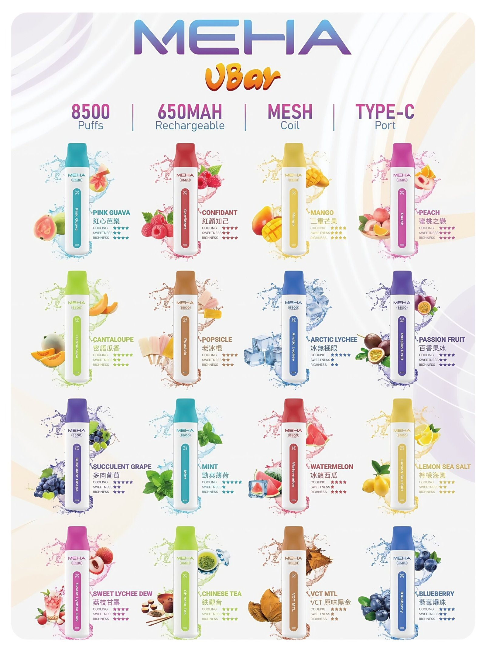MEHA VBar 小白條一次性電子煙 8500口大容量|拋棄式便攜設計